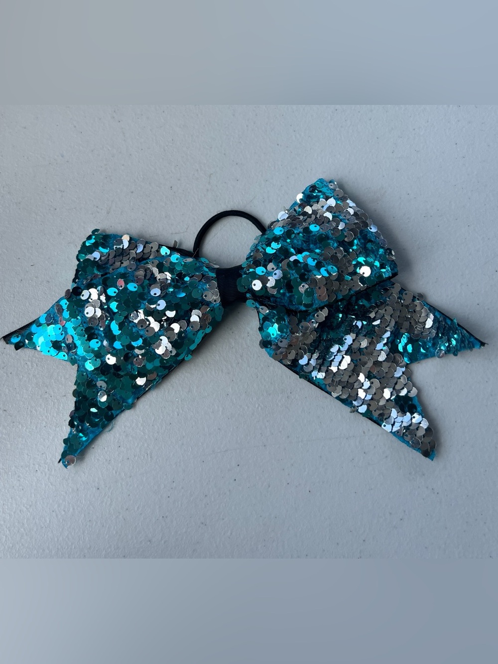 Teal & Silver Sequin Hair Bow Ponytail Holder